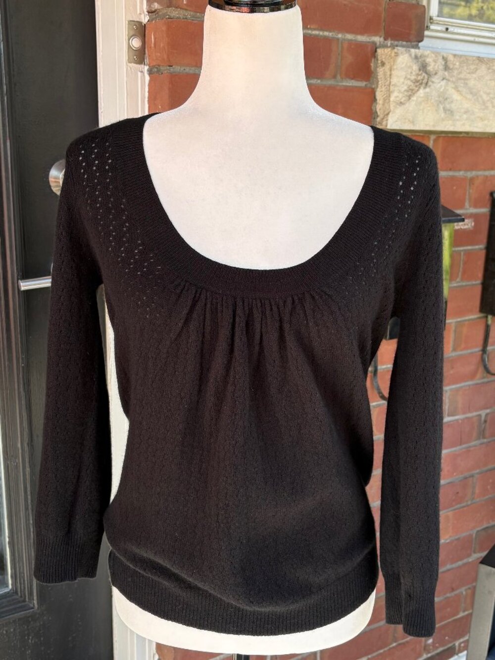 Theory Black 100% Cashmere Pointelle Scoop Neck Sweater